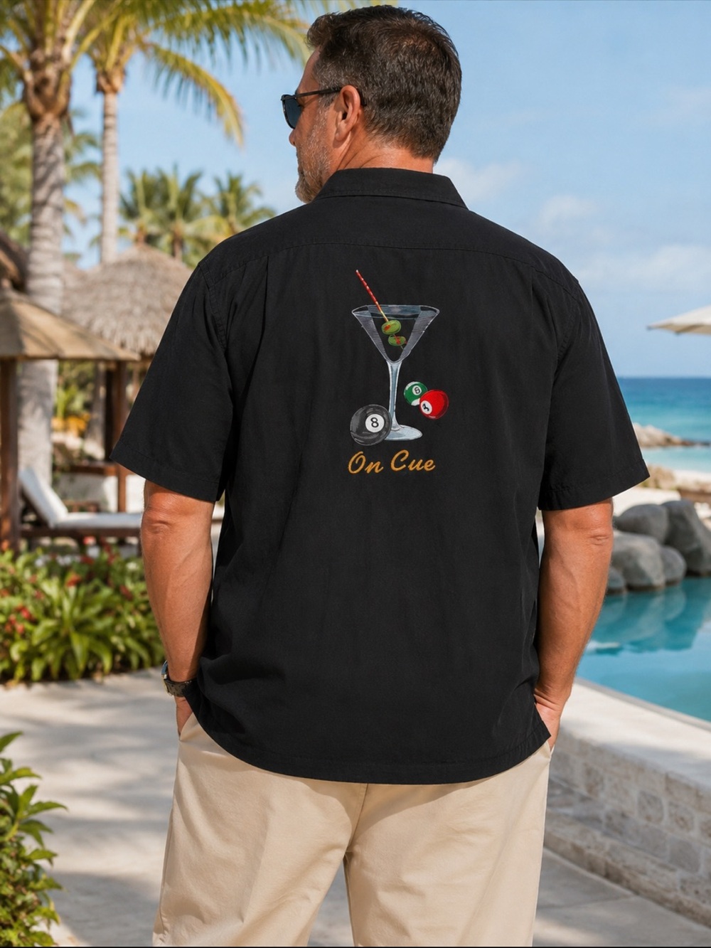 Tori Richard Honolulu Black Silk “On Cue” Embroidered Martini & Pool Shirt